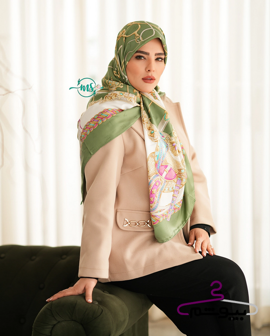 روسری طرح هرمس جواهر سبز زیتونی